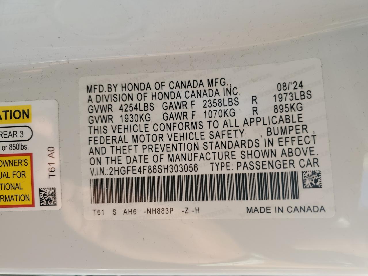 2025 Honda Civic Sport VIN: 2HGFE4F86SH303056 Lot: 84923475