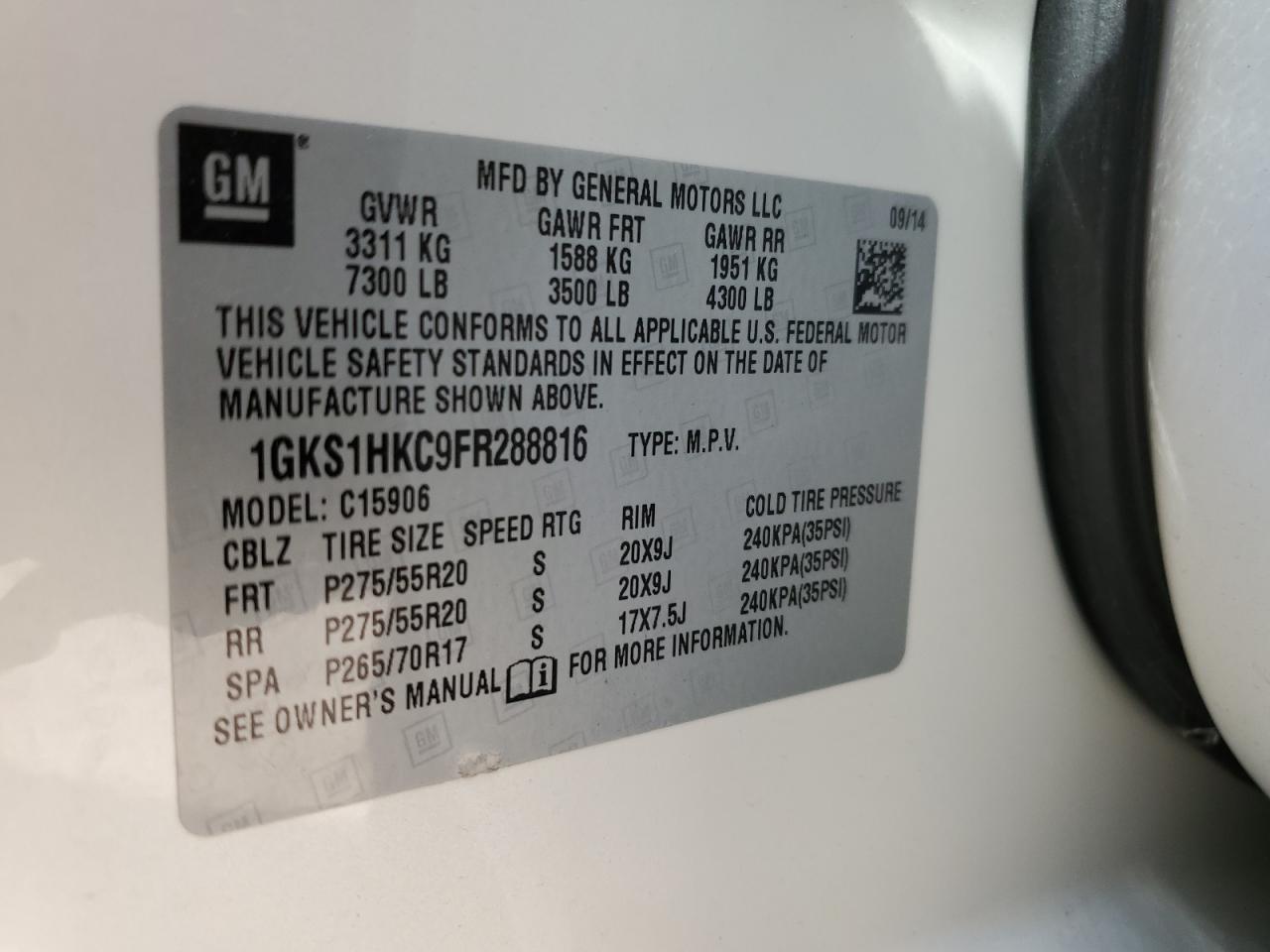 2015 GMC Yukon Xl C1500 Slt VIN: 1GKS1HKC9FR288816 Lot: 85365765