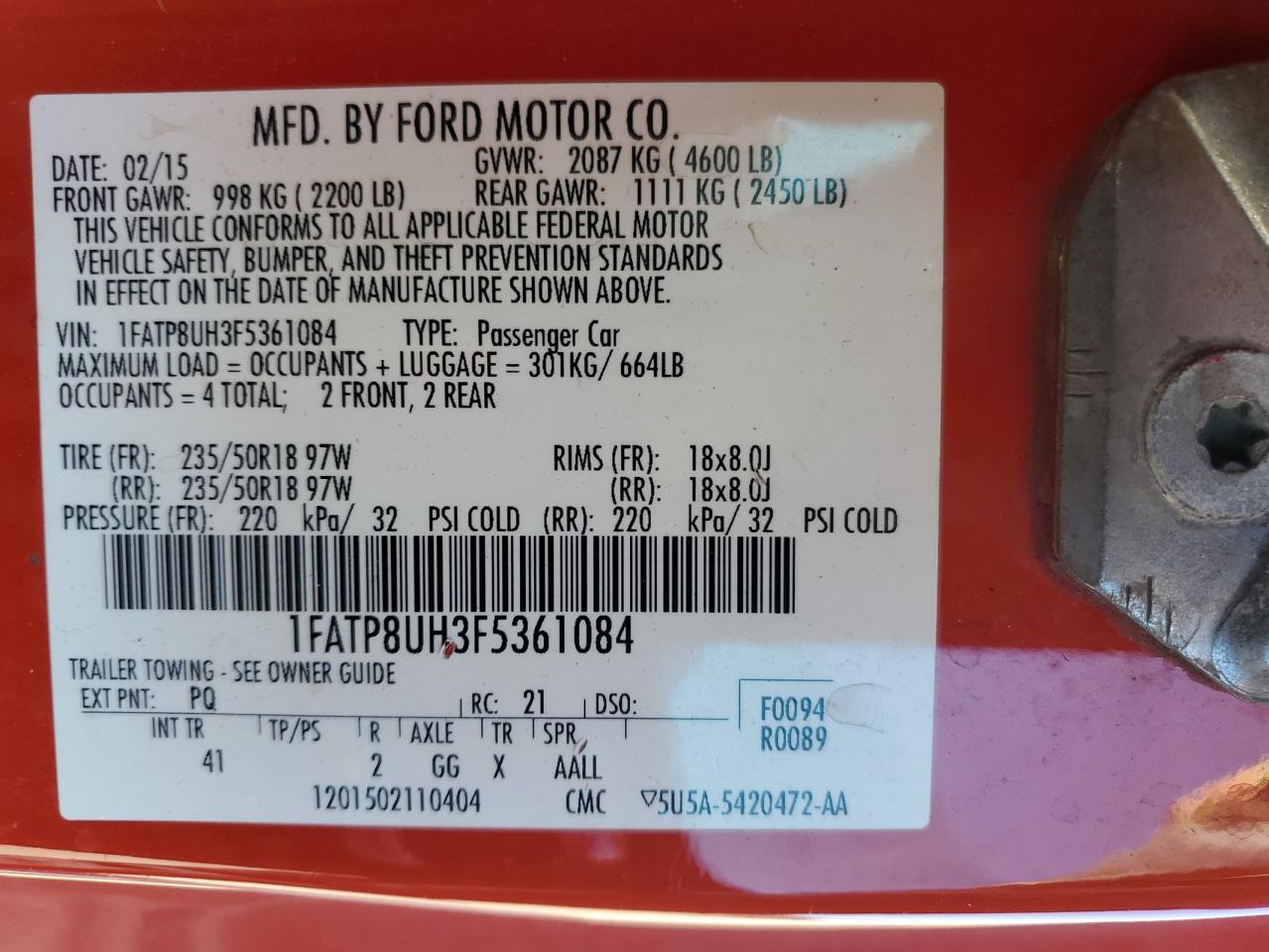 2015 Ford Mustang VIN: 1FATP8UH3F5361084 Lot: 90003775