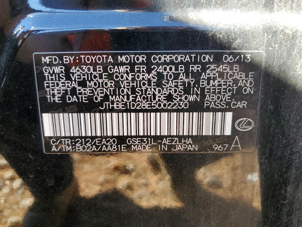 2014 Lexus Is 350 VIN: JTHBE1D28E5002230 Lot: 89626935