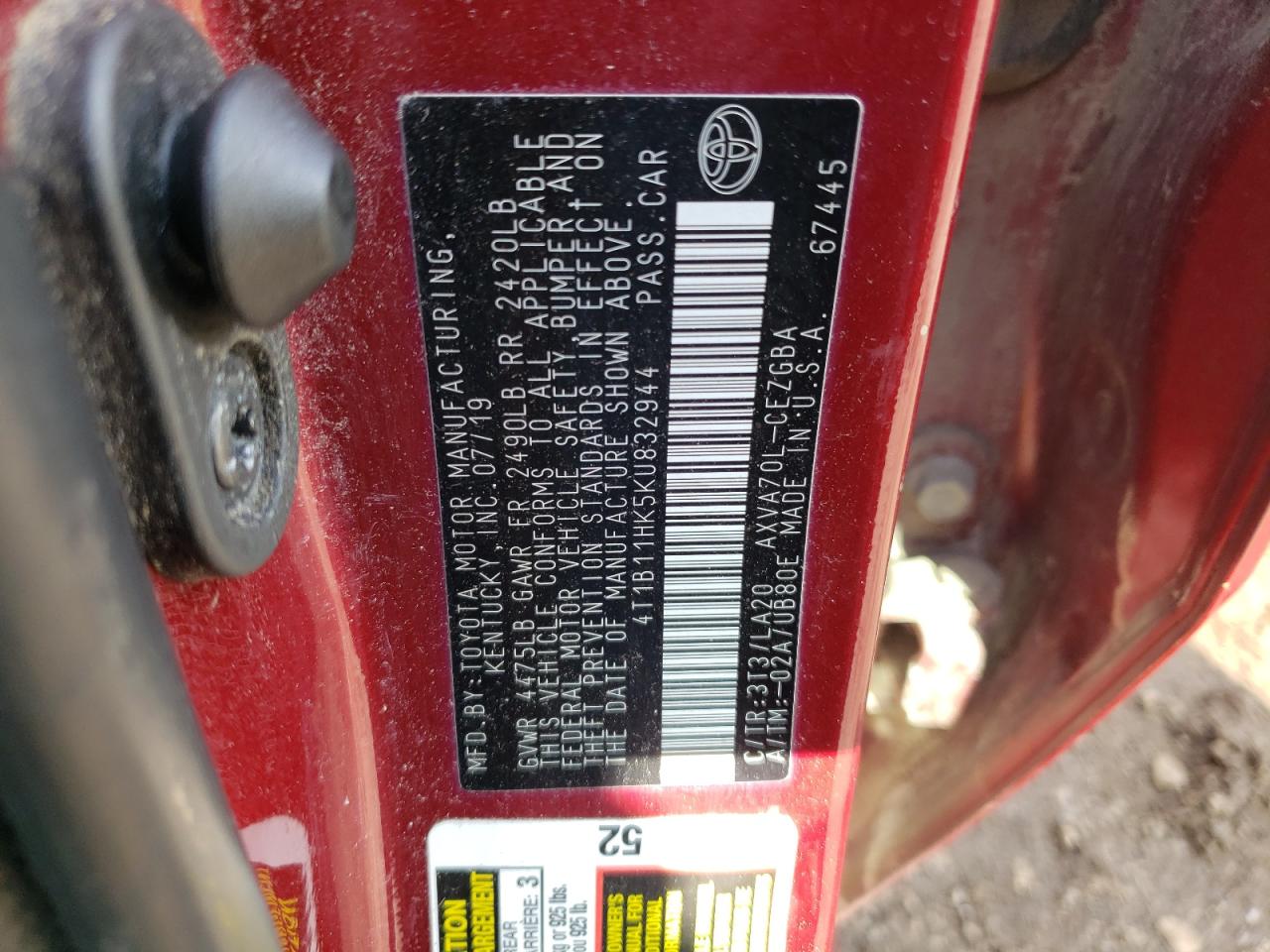 2019 Toyota Camry L VIN: 4T1B11HK5KU832944 Lot: 82367125