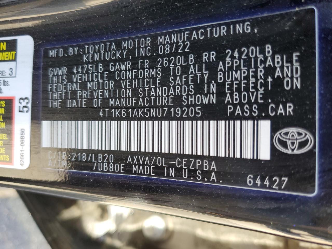 2022 Toyota Camry Xse VIN: 4T1K61AK5NU719205 Lot: 85914355