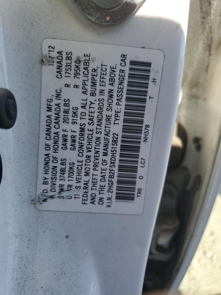 2013 Honda Civic Lx VIN: 2HGFB2F5XDH515822 Lot: 82398485