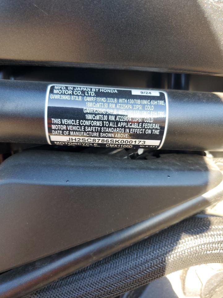 2025 Honda Cmx1100 D VIN: JH2SC8786SK000173 Lot: 91042185