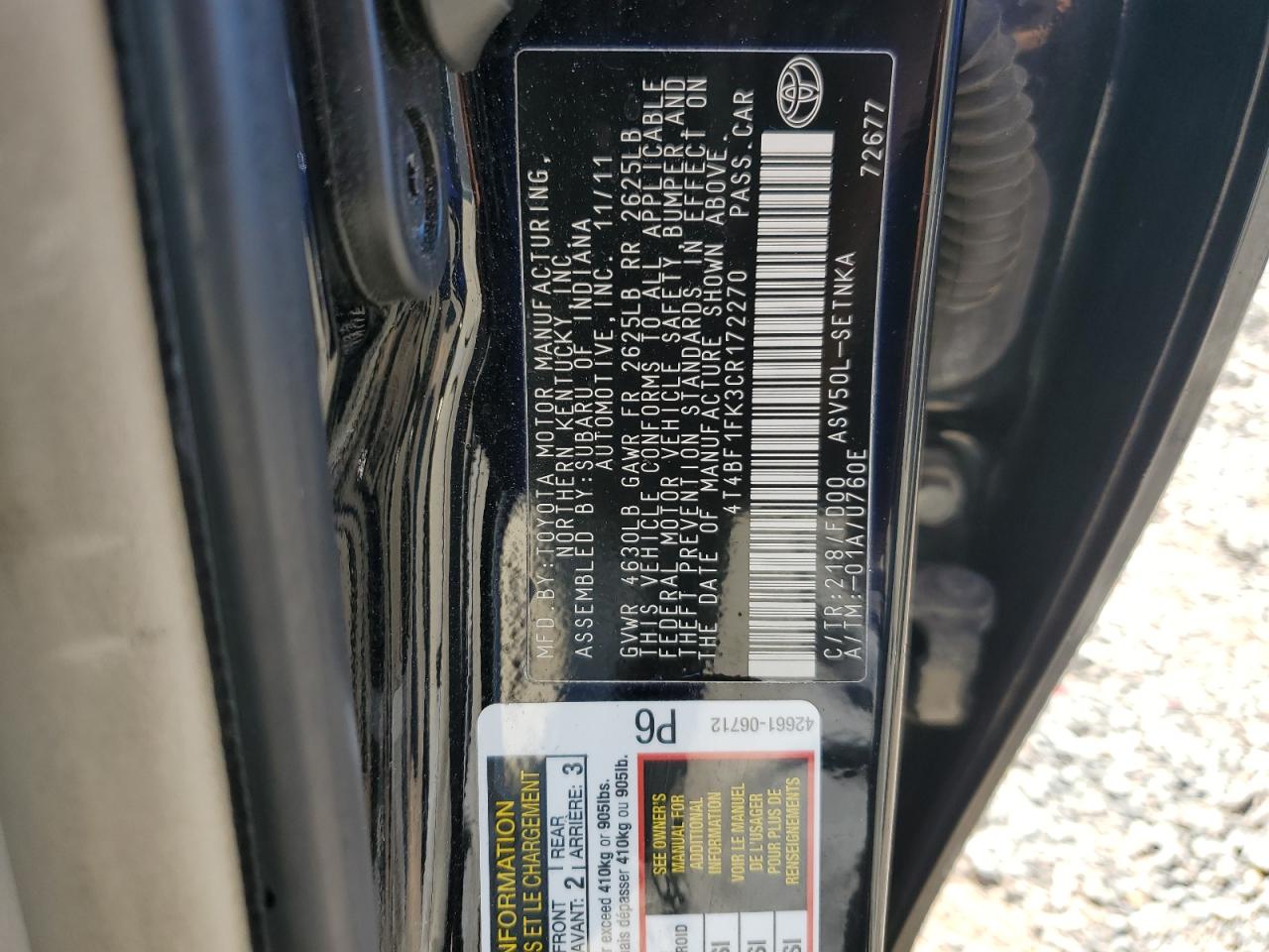 2012 Toyota Camry Base VIN: 4T4BF1FK3CR172270 Lot: 83856775