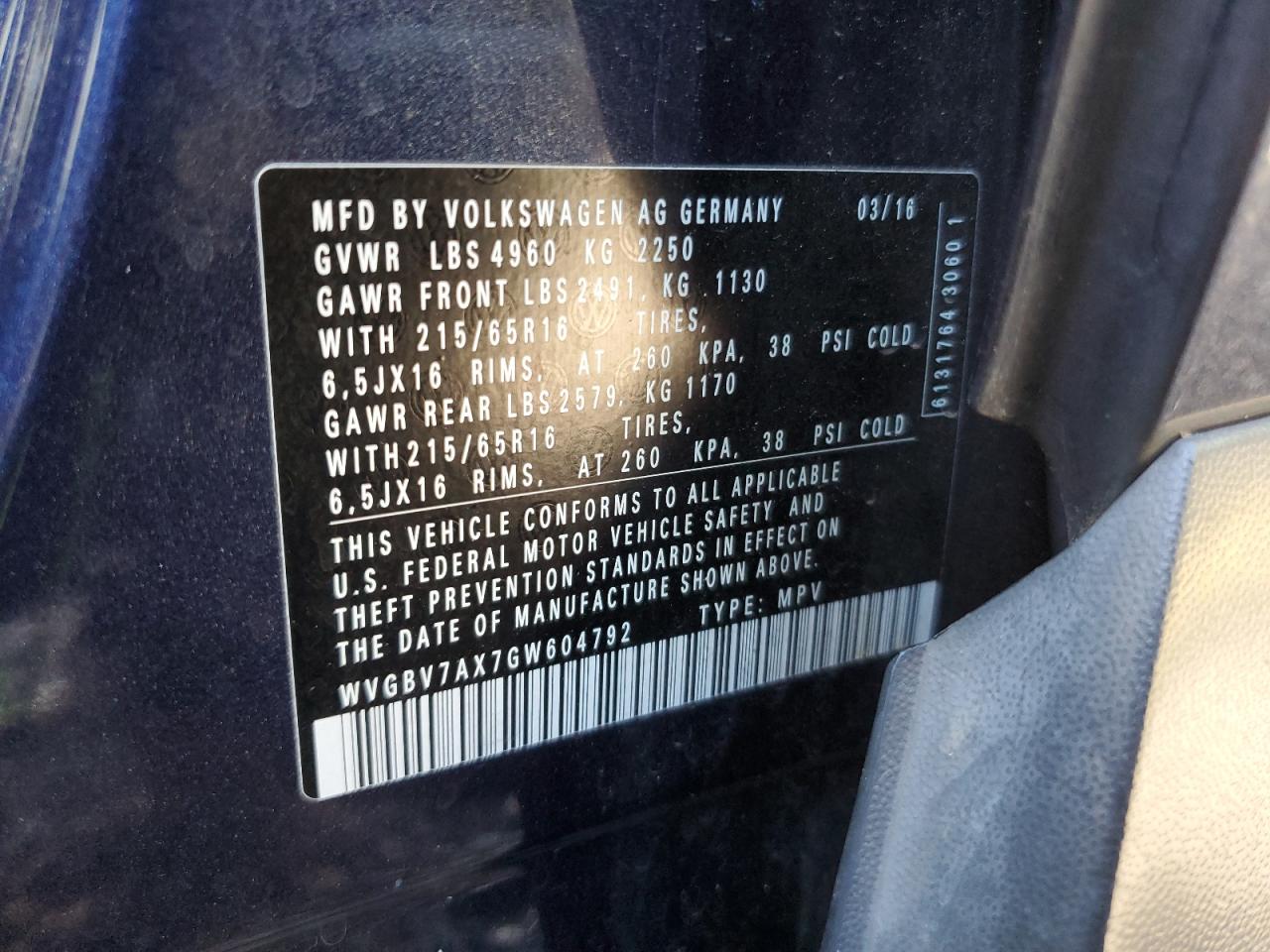 2016 Volkswagen Tiguan S VIN: WVGBV7AX7GW604792 Lot: 86225825