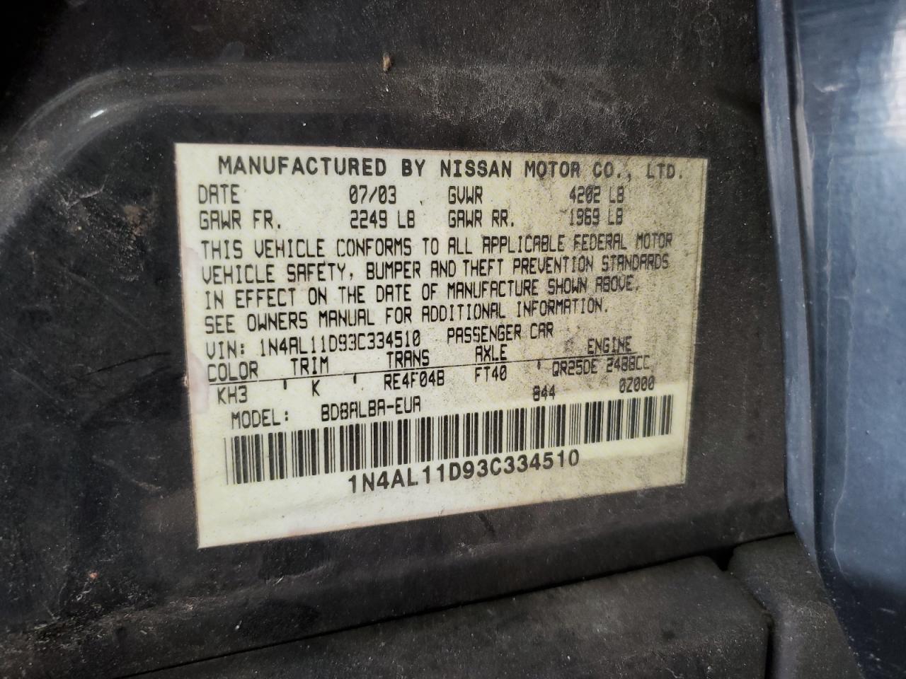 2003 Nissan Altima Base VIN: 1N4AL11D93C334510 Lot: 87039215