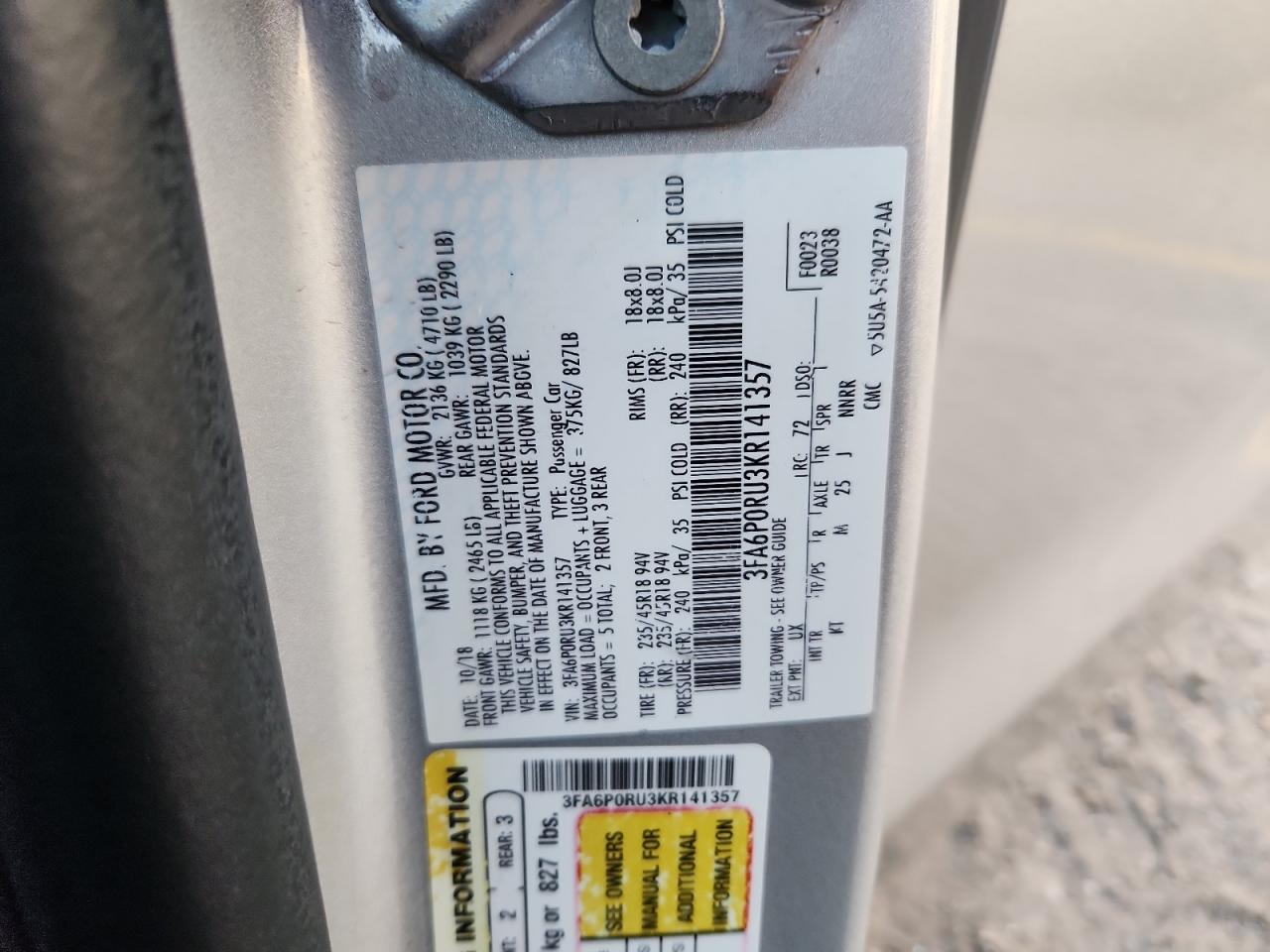 2019 Ford Fusion Titanium VIN: 3FA6P0RU3KR141357 Lot: 82524515