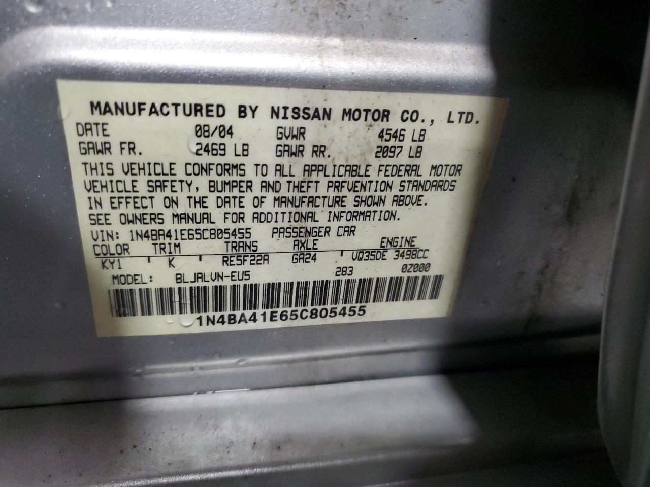 2005 Nissan Maxima Se VIN: 1N4BA41E65C805455 Lot: 86834755