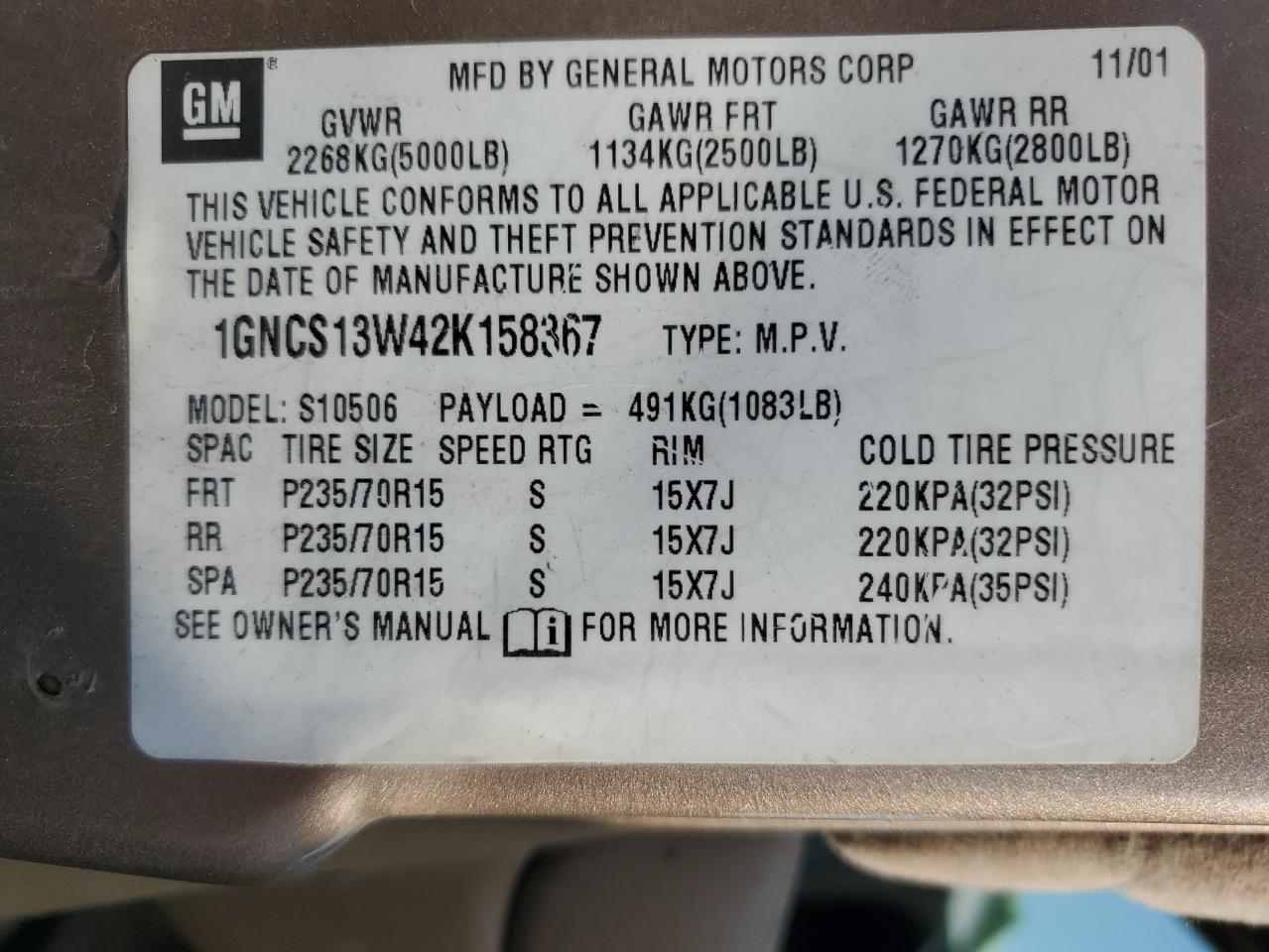 2002 Chevrolet Blazer VIN: 1GNCS13W42K158367 Lot: 87304365