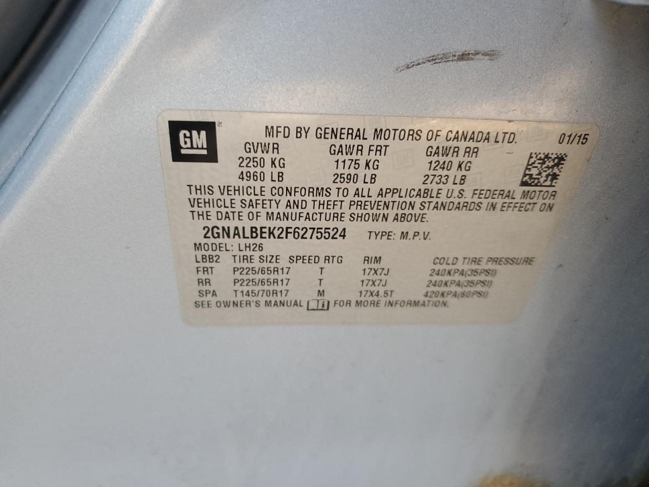 2015 Chevrolet Equinox Lt VIN: 2GNALBEK2F6275524 Lot: 84897455