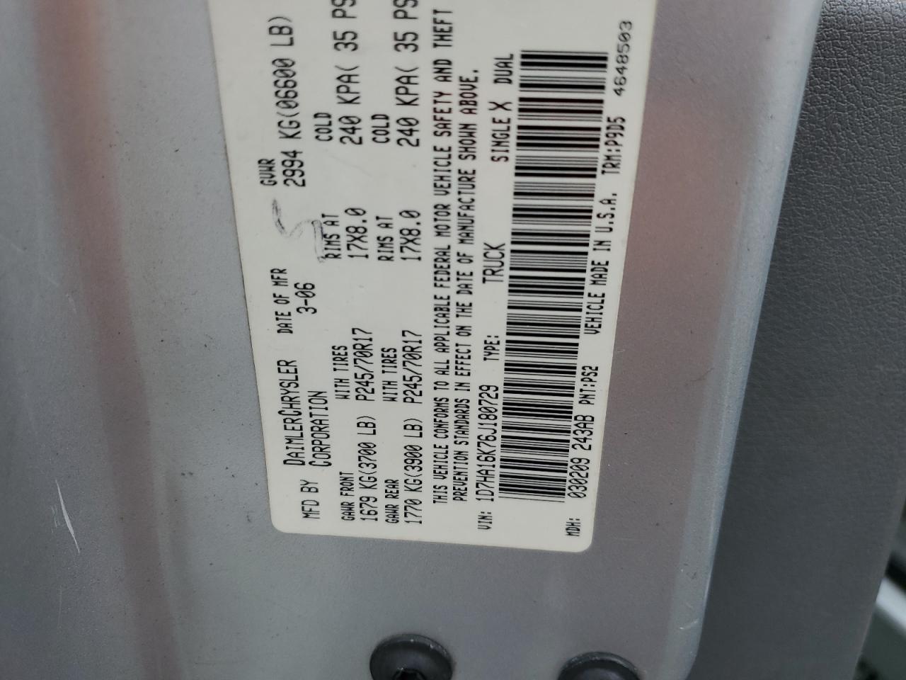 2006 Dodge Ram 1500 VIN: 1D7HA16K76J180729 Lot: 82460515