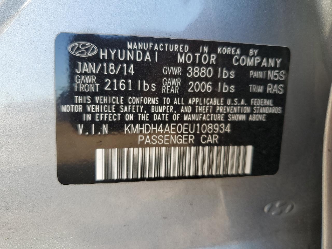 2014 Hyundai Elantra VIN: KMHDH4AE0EU108934 Lot: 81496115
