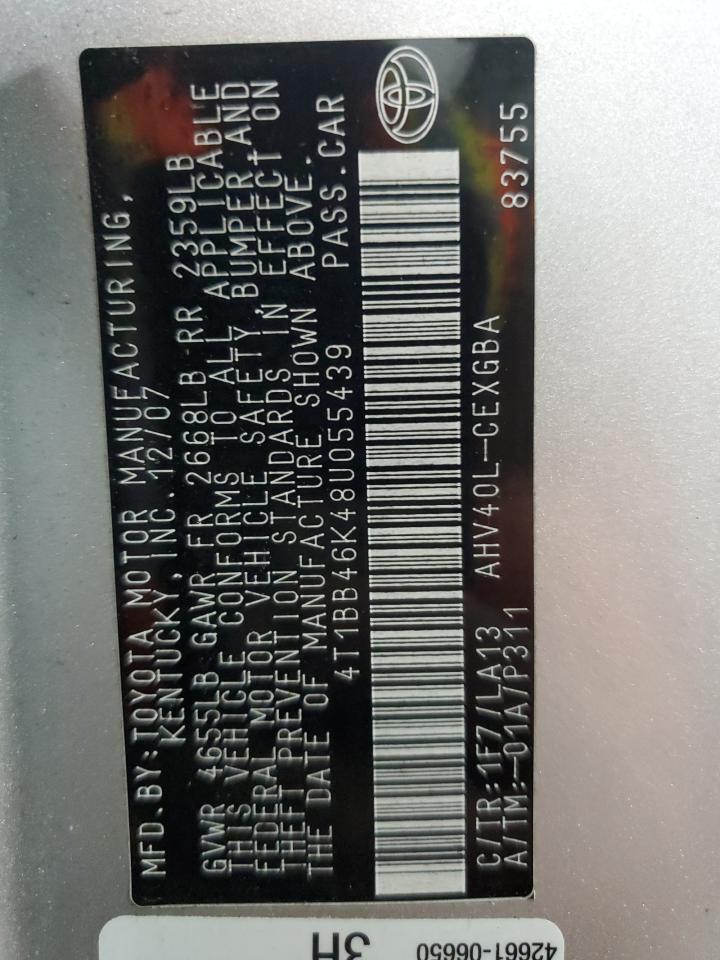 2008 Toyota Camry Hybrid VIN: 4T1BB46K48U055439 Lot: 85136715