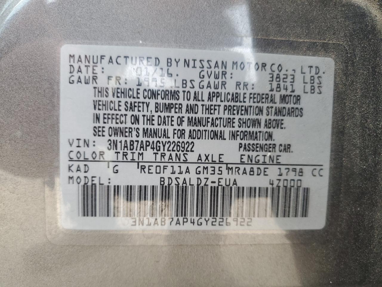 2016 Nissan Sentra S VIN: 3N1AB7AP4GY226922 Lot: 85200215