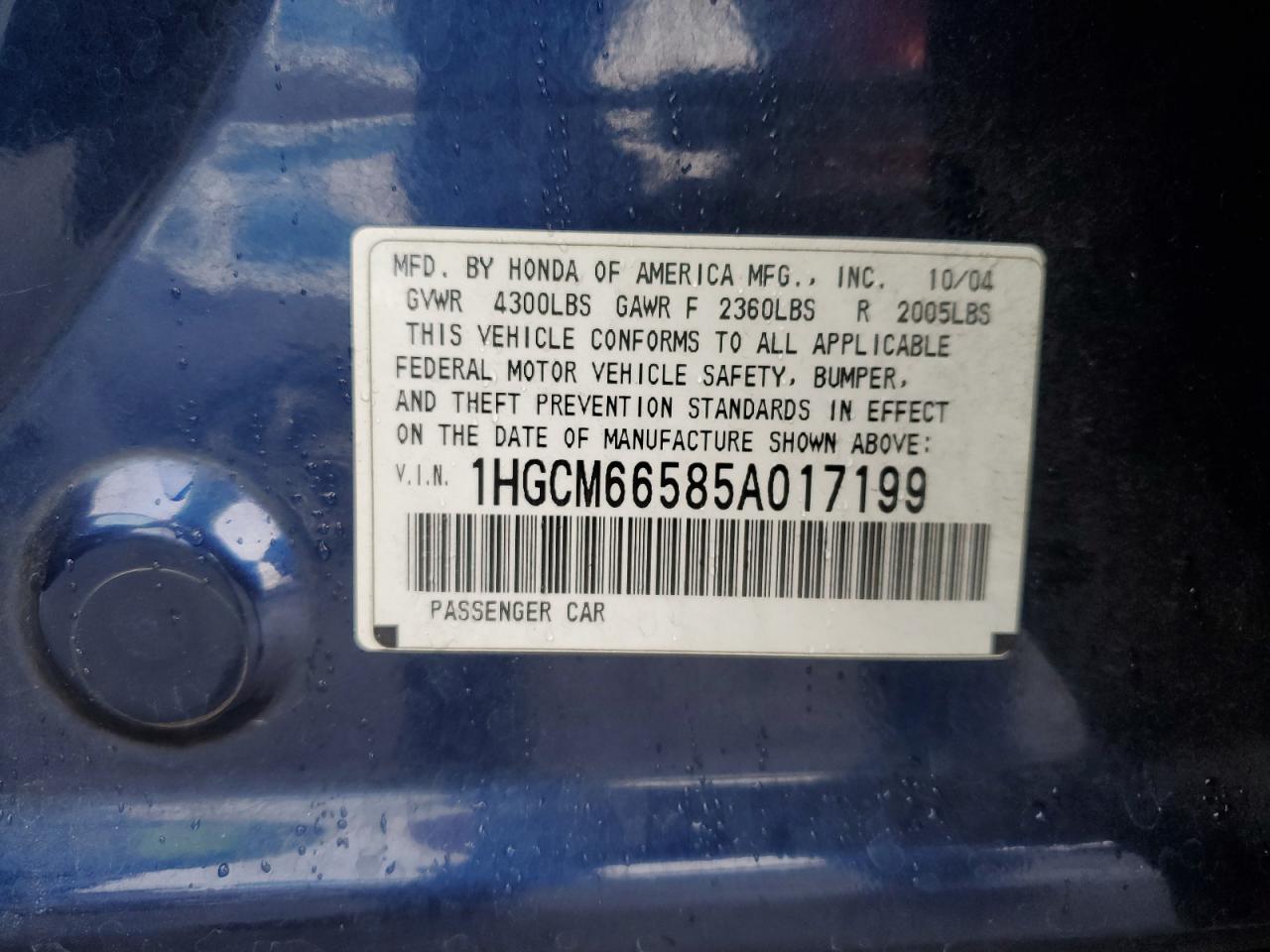 2005 Honda Accord Ex VIN: 1HGCM66585A017199 Lot: 86501635