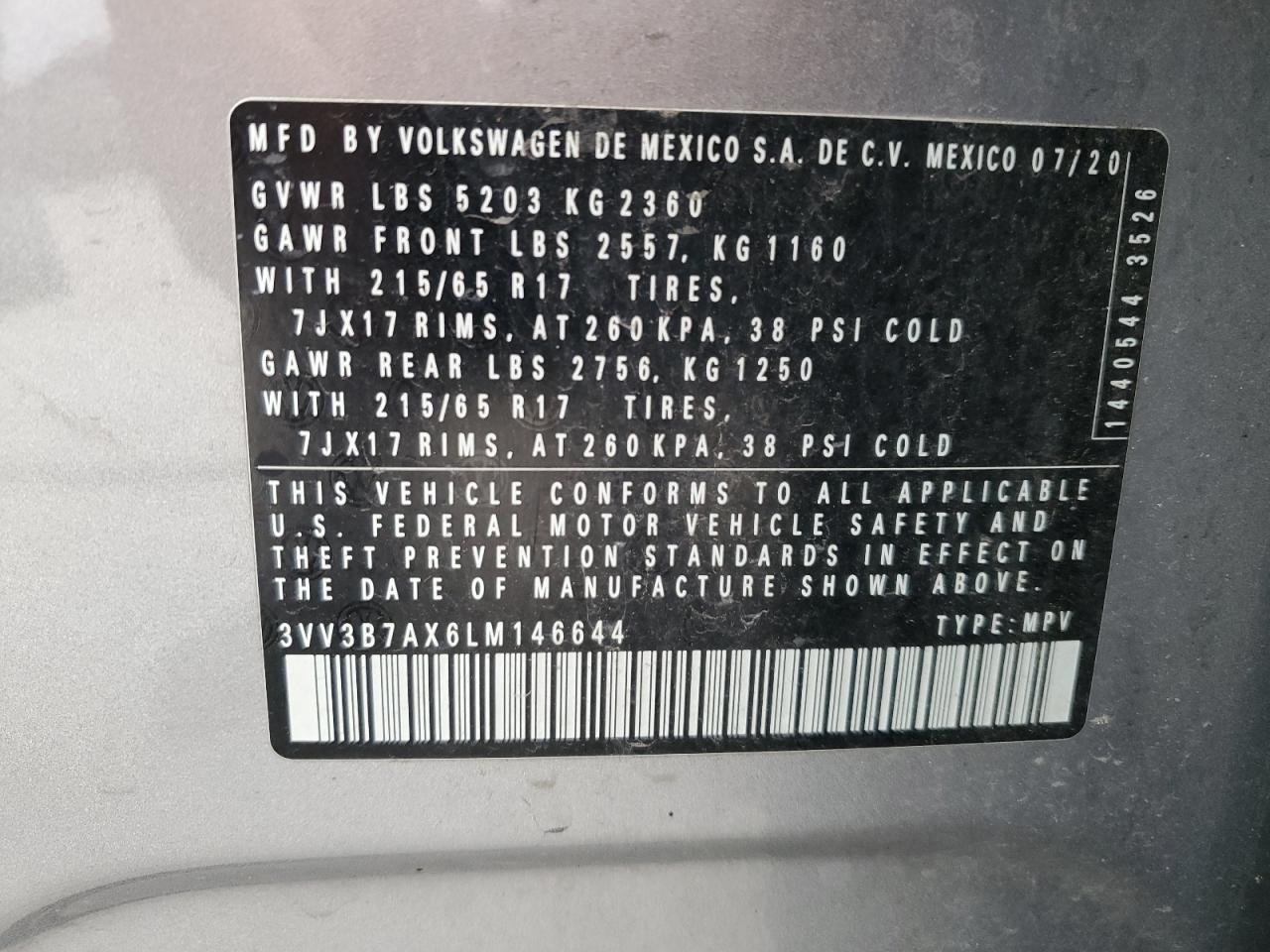 2020 Volkswagen Tiguan Se VIN: 3VV3B7AX6LM146644 Lot: 85924275