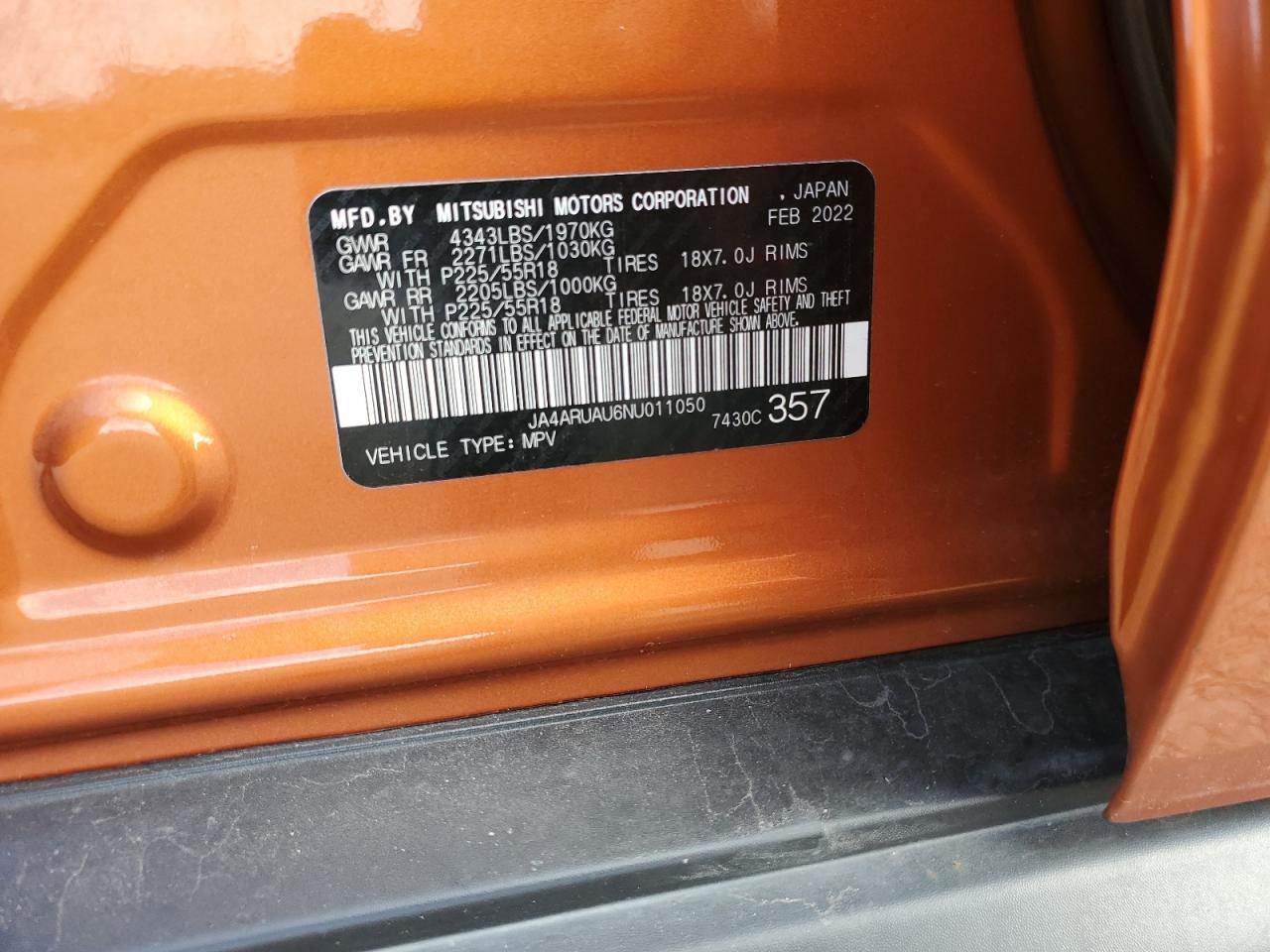 2022 Mitsubishi Outlander Sport Es VIN: JA4ARUAU6NU011050 Lot: 86824405