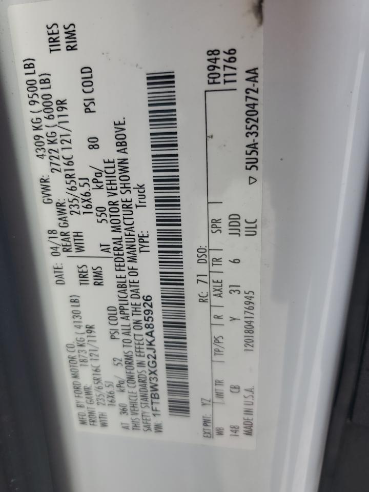 2018 Ford Transit T-350 VIN: 1FTBW3XG2JKA85926 Lot: 85183005