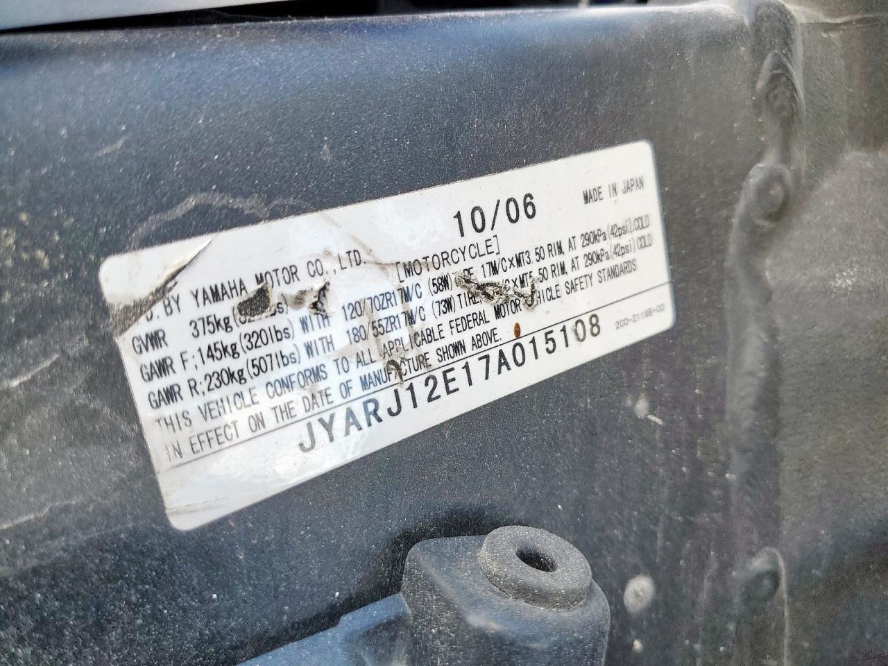 2007 Yamaha Yzfr6 L VIN: JYARJ12E17A015108 Lot: 82245135