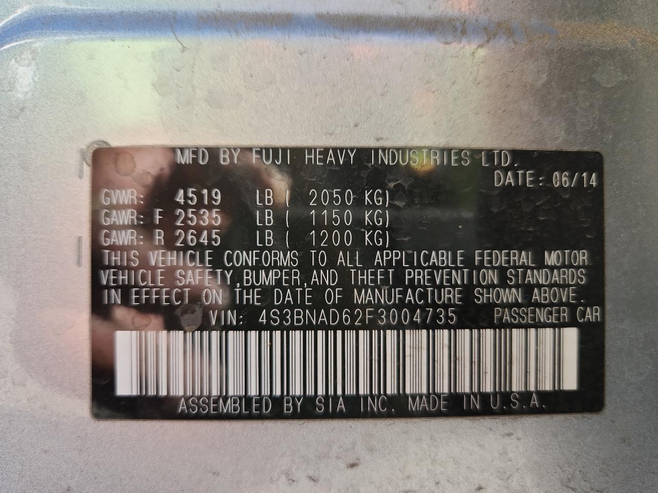 2015 Subaru Legacy 2.5I Premium VIN: 4S3BNAD62F3004735 Lot: 85546215