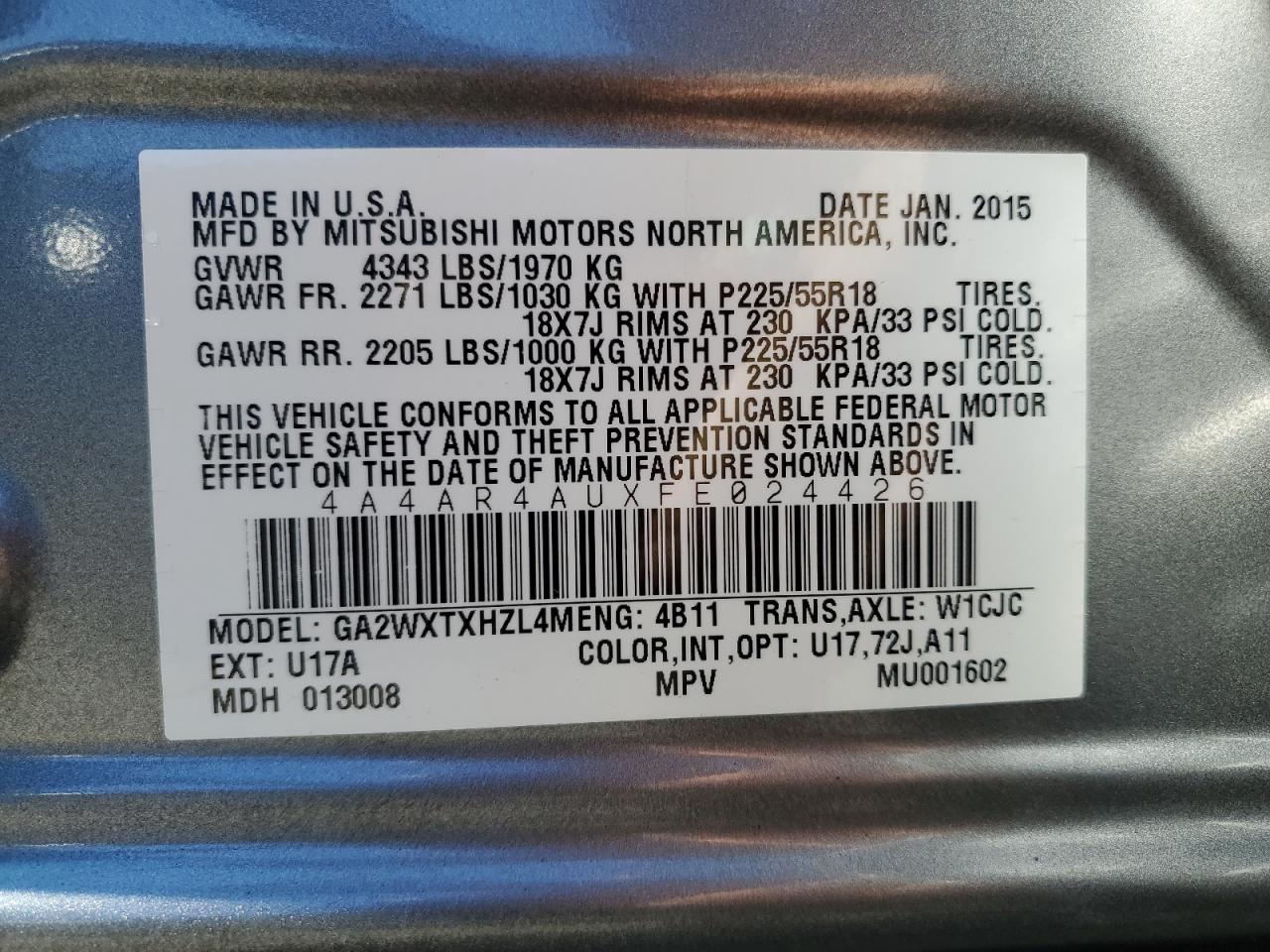 2015 Mitsubishi Outlander Sport Se VIN: 4A4AR4AUXFE024426 Lot: 84420715