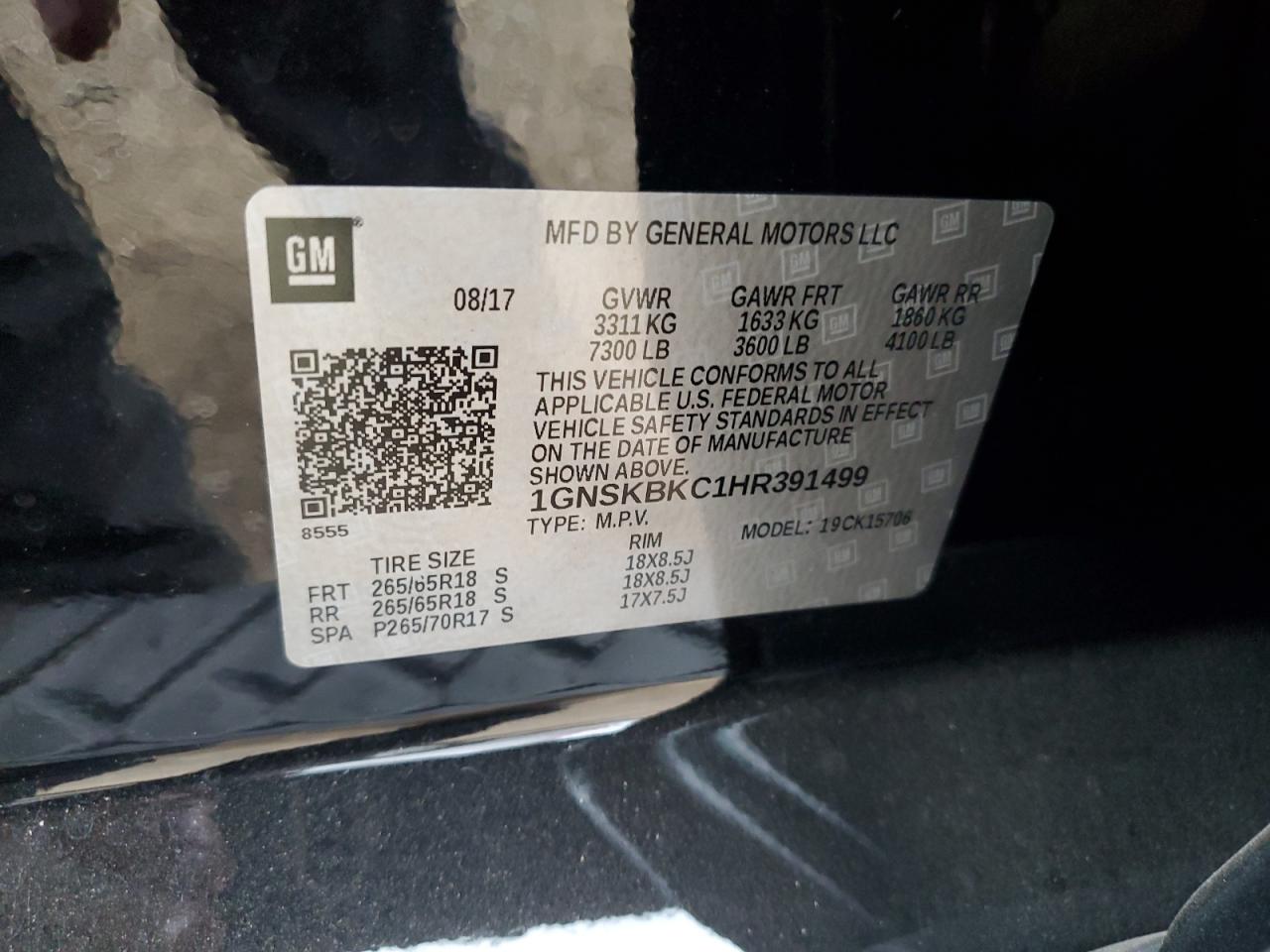 2017 Chevrolet Tahoe K1500 Lt VIN: 1GNSKBKC1HR391499 Lot: 82430125