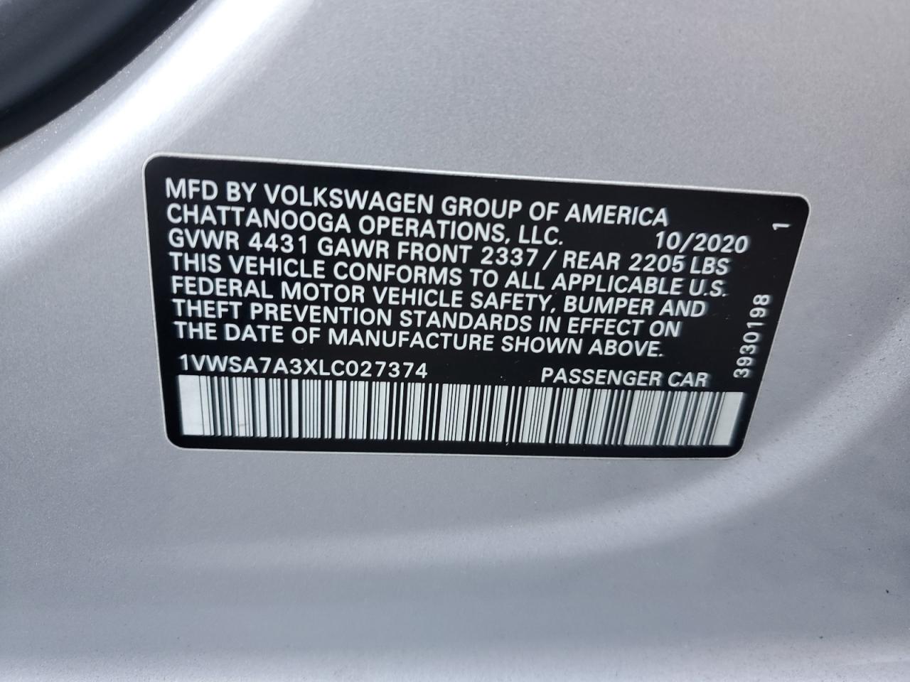 2020 Volkswagen Passat Se VIN: 1VWSA7A3XLC027374 Lot: 84621475