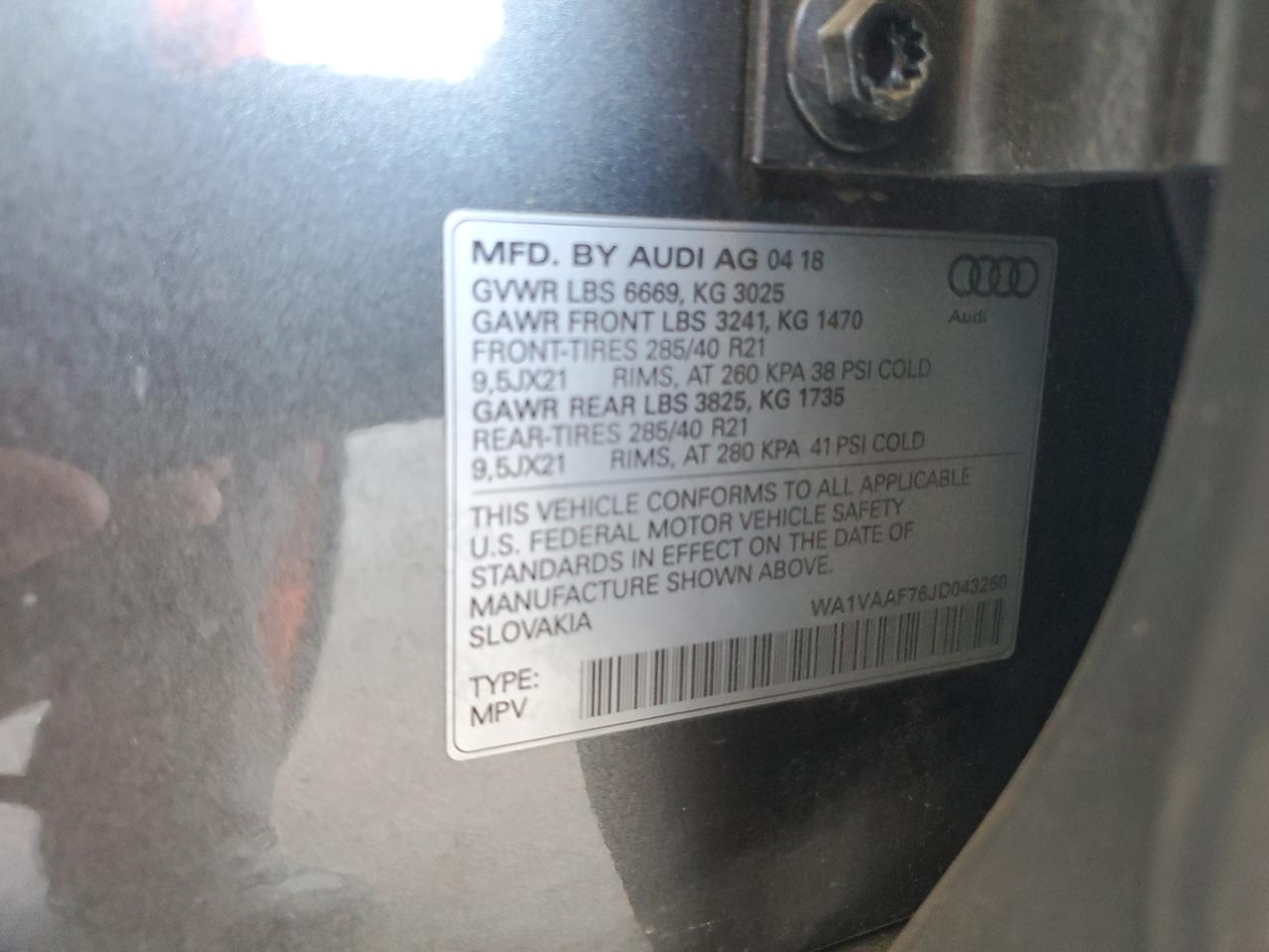 2018 Audi Q7 Prestige VIN: WA1VAAF76JD043260 Lot: 81957315