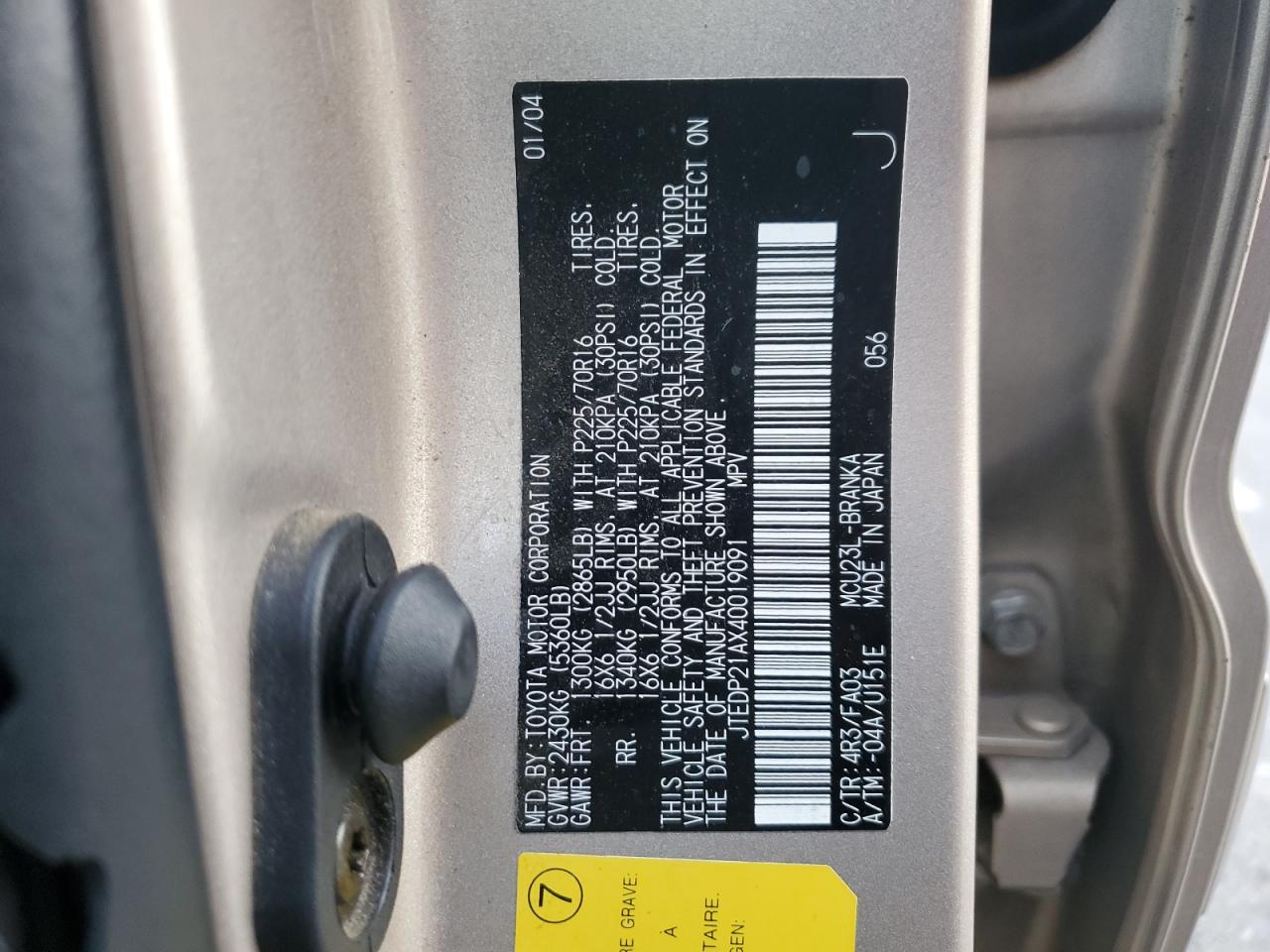 2004 Toyota Highlander Base VIN: JTEDP21AX40019091 Lot: 84482515