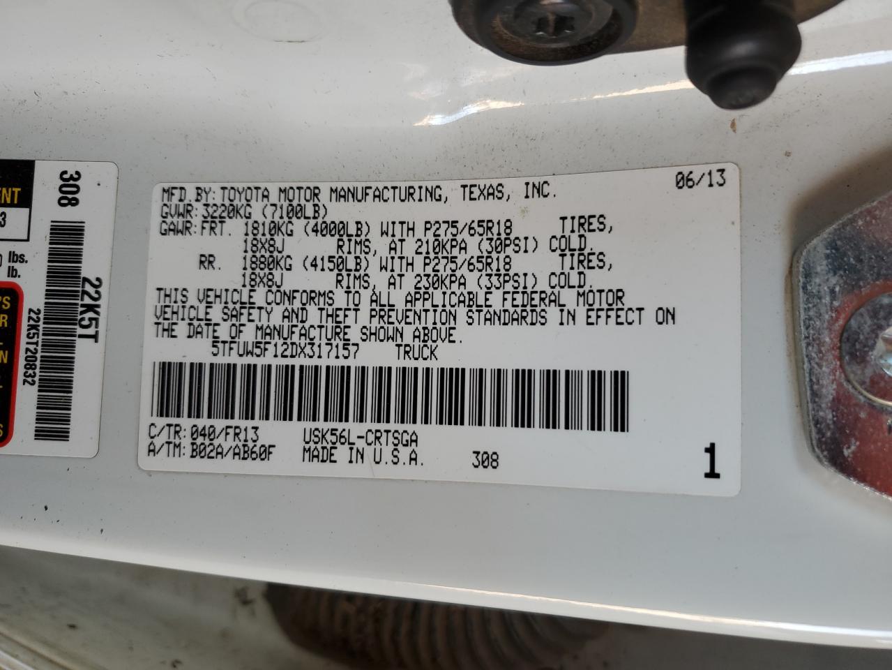 2013 Toyota Tundra Double Cab Sr5 VIN: 5TFUW5F12DX317157 Lot: 84701785