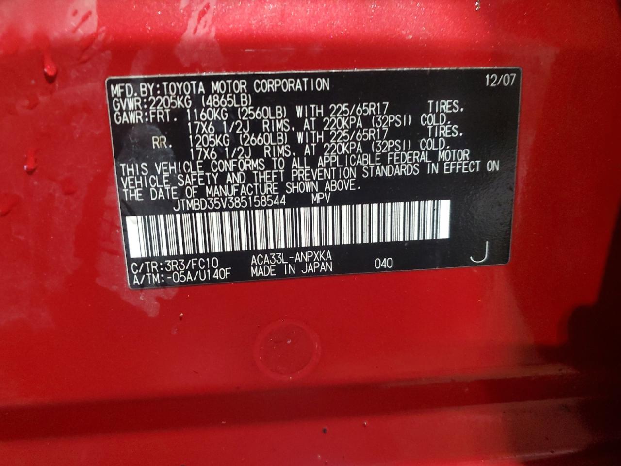 2008 Toyota Rav4 VIN: JTMBD35V385158544 Lot: 89802825