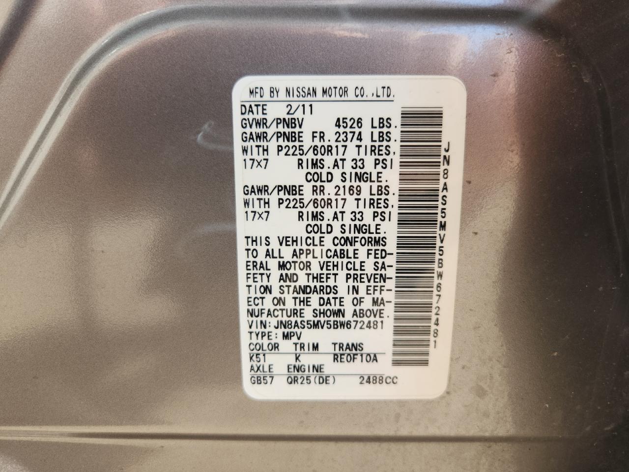 2011 Nissan Rogue S VIN: JN8AS5MV5BW672481 Lot: 85300865