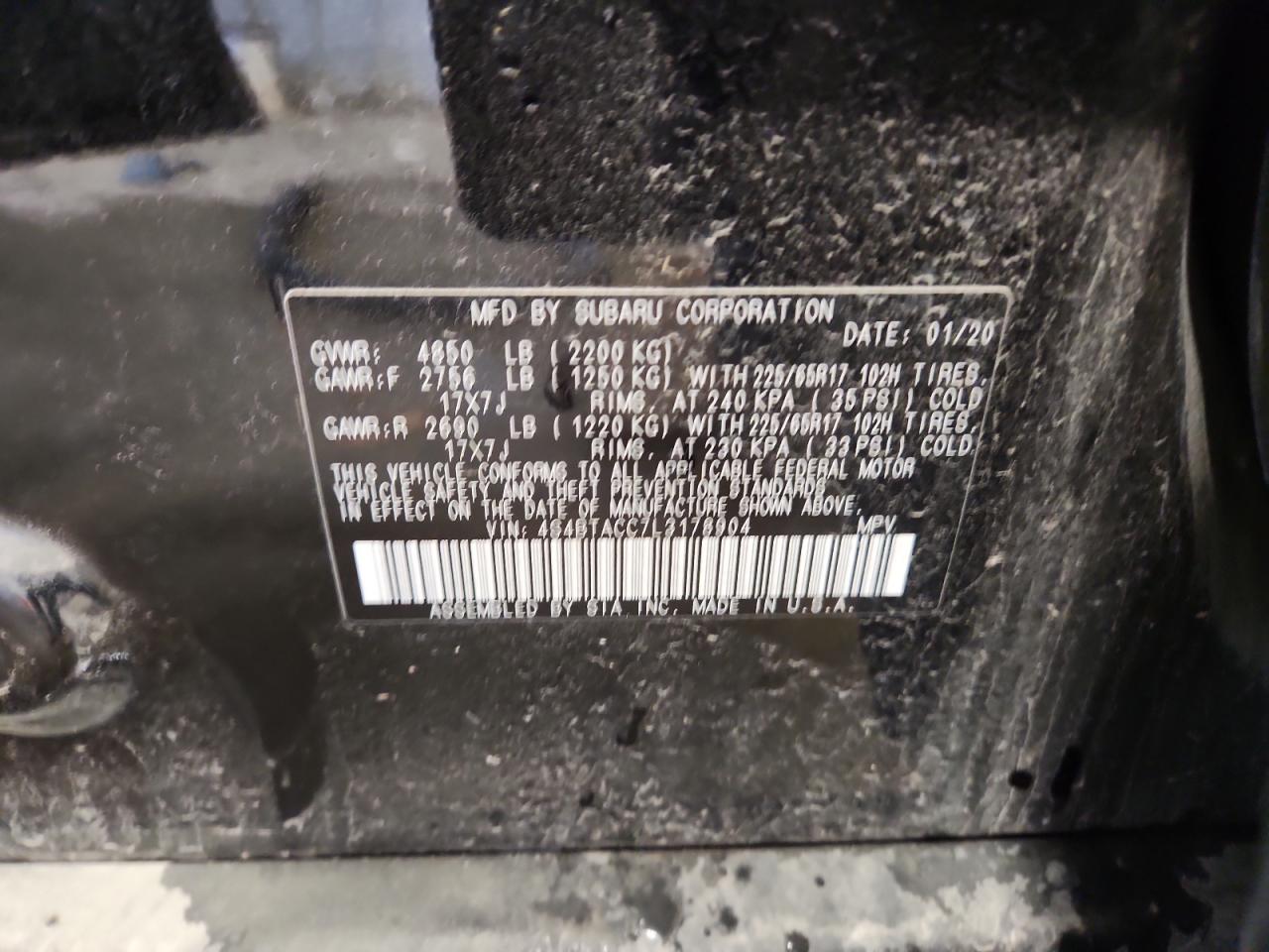 2020 Subaru Outback Premium VIN: 4S4BTACC7L3178904 Lot: 85148045