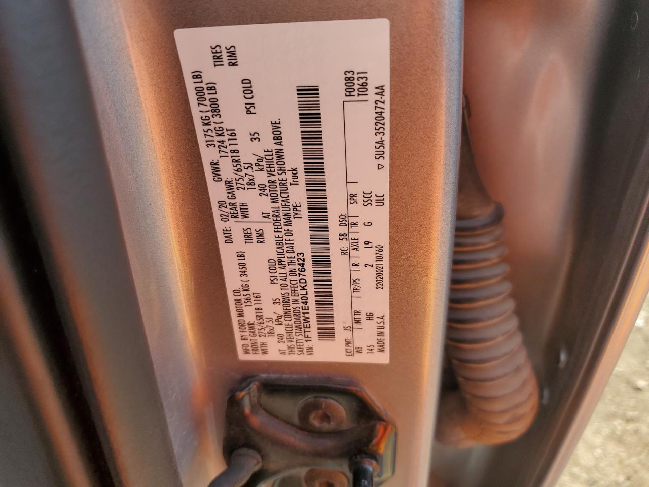 2020 Ford F150 Supercrew VIN: 1FTEW1E40LKD76423 Lot: 87058265