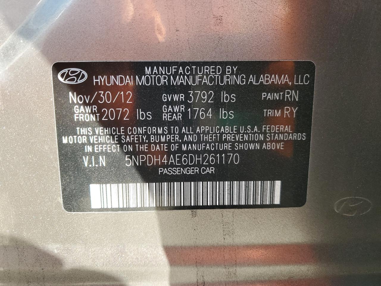 2013 Hyundai Elantra Gls VIN: 5NPDH4AE6DH261170 Lot: 81948275