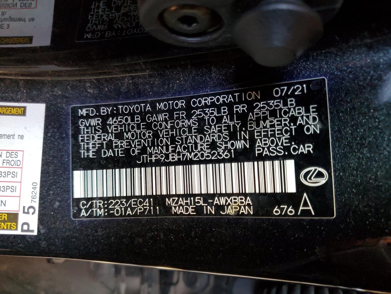 2021 Lexus Ux 250H VIN: JTHP9JBH7M2052361 Lot: 80718545