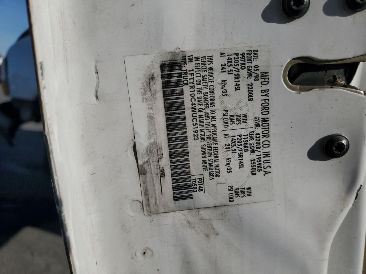 1998 Ford Ranger VIN: 1FTYR10C4WUC51923 Lot: 89843535