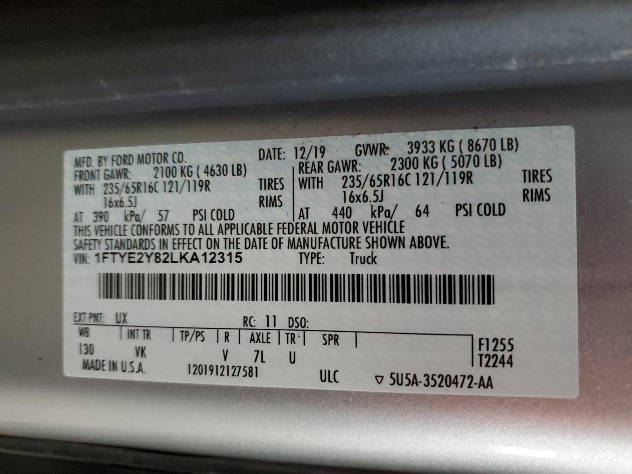 2020 Ford Transit T-150 VIN: 1FTYE2Y82LKA12315 Lot: 85133415