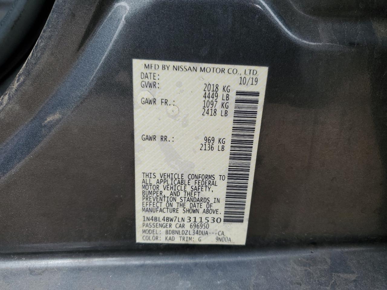 2020 Nissan Altima S VIN: 1N4BL4BW7LN311530 Lot: 82447155