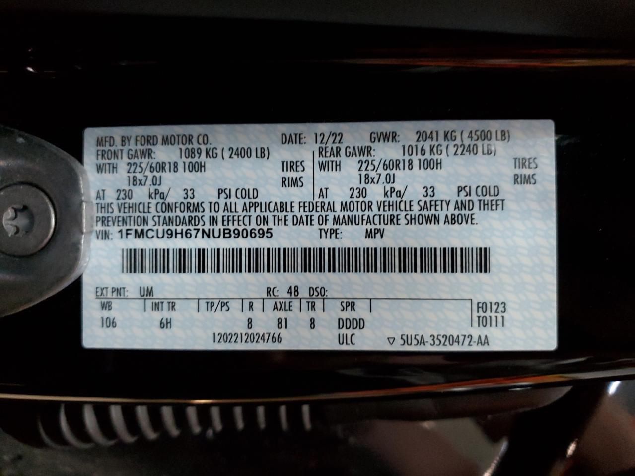 2022 Ford Escape Sel VIN: 1FMCU9H67NUB90695 Lot: 86286465