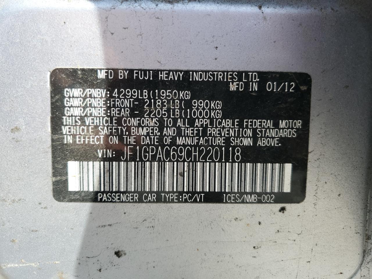 2012 Subaru Impreza Premium VIN: JF1GPAC69CH220118 Lot: 86222535