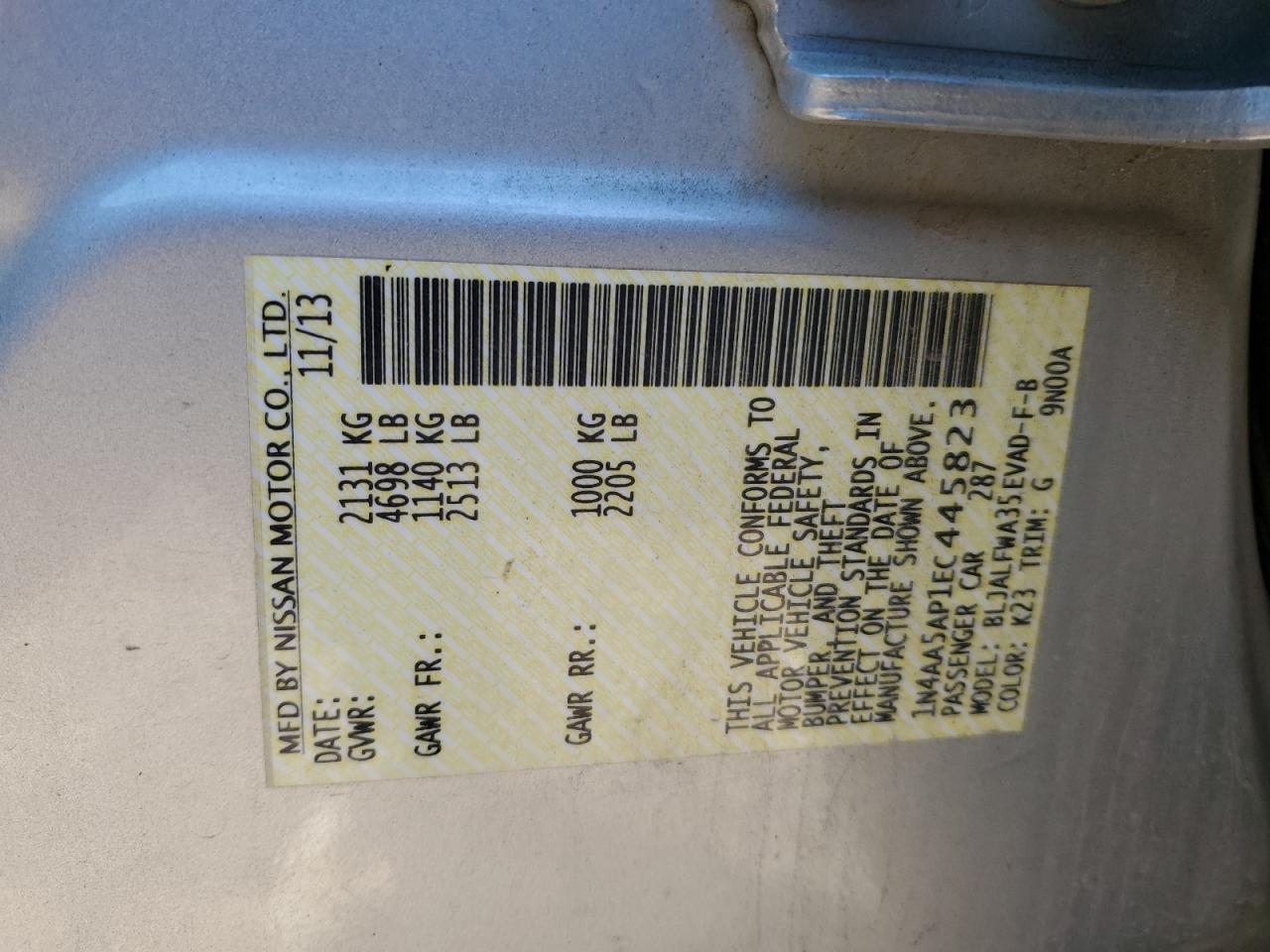 2014 Nissan Maxima S VIN: 1N4AA5AP1EC445823 Lot: 90119835