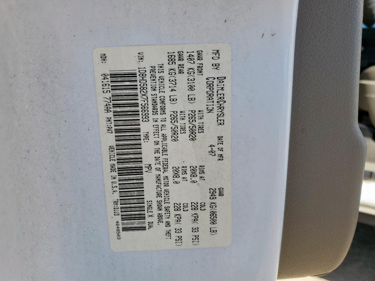 2007 Dodge Durango Limited VIN: 1D8HD582X7F566993 Lot: 82432645