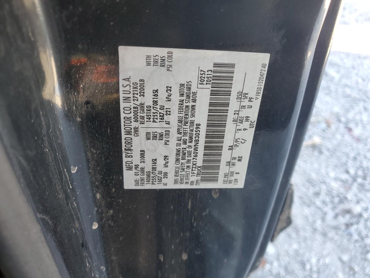 1998 Ford F150 VIN: 1FTZX1760WNB30598 Lot: 82669755