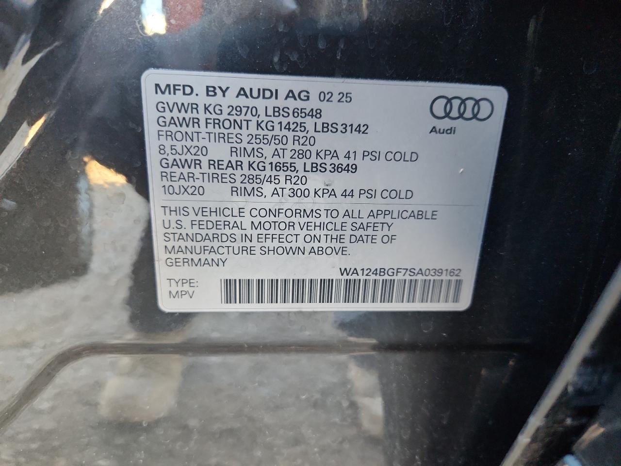 2025 Audi Q6 E-Tron Premium Plus VIN: WA124BGF7SA039162 Lot: 82648625