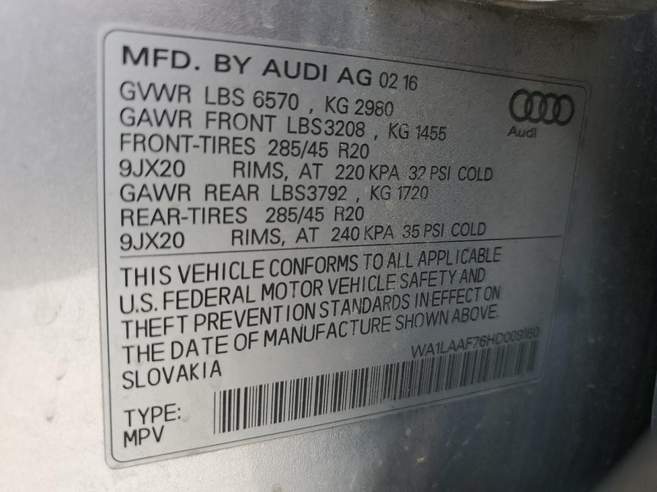 2017 Audi Q7 Premium Plus VIN: WA1LAAF76HD009160 Lot: 87253565