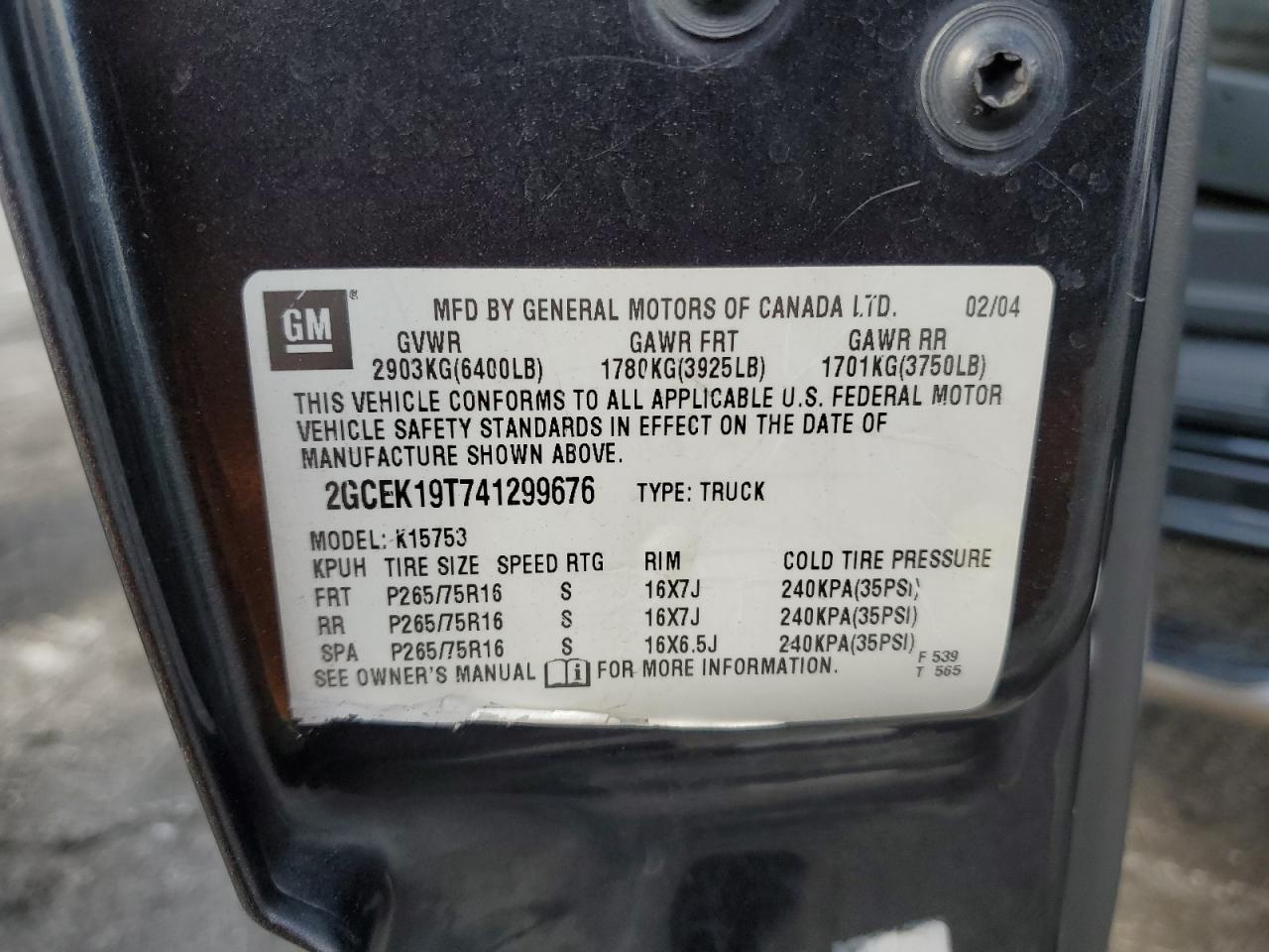 2004 Chevrolet Silverado K1500 VIN: 2GCEK19T741299676 Lot: 82436125