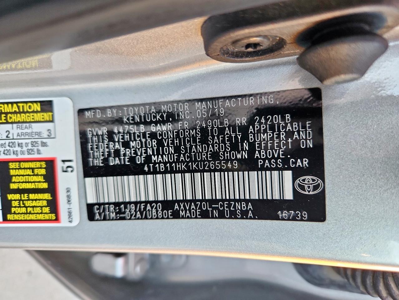 2019 Toyota Camry L VIN: 4T1B11HK1KU265549 Lot: 82402495