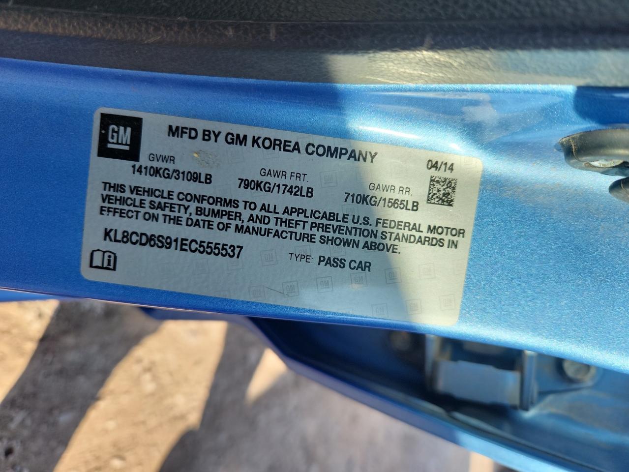 2014 Chevrolet Spark 1Lt VIN: KL8CD6S91EC555537 Lot: 85692555